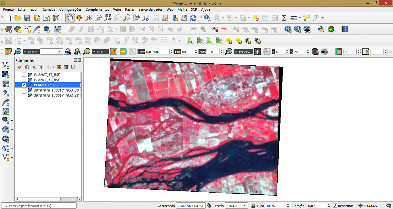 Imagens de satélite processadas no QGIS para o estudo.