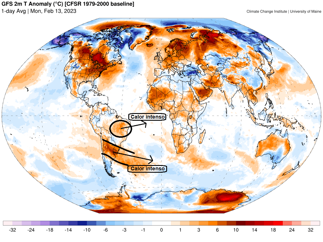 Mapa da temperatura do Planeta, em 13 de fevereiro.