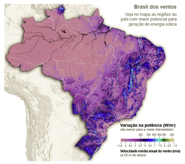 Mapa da força dos ventos para produção de energia no Brasil.
