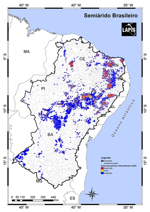 Áreas do Semiárido em processo de desertificação, segundo imagem de satélite 