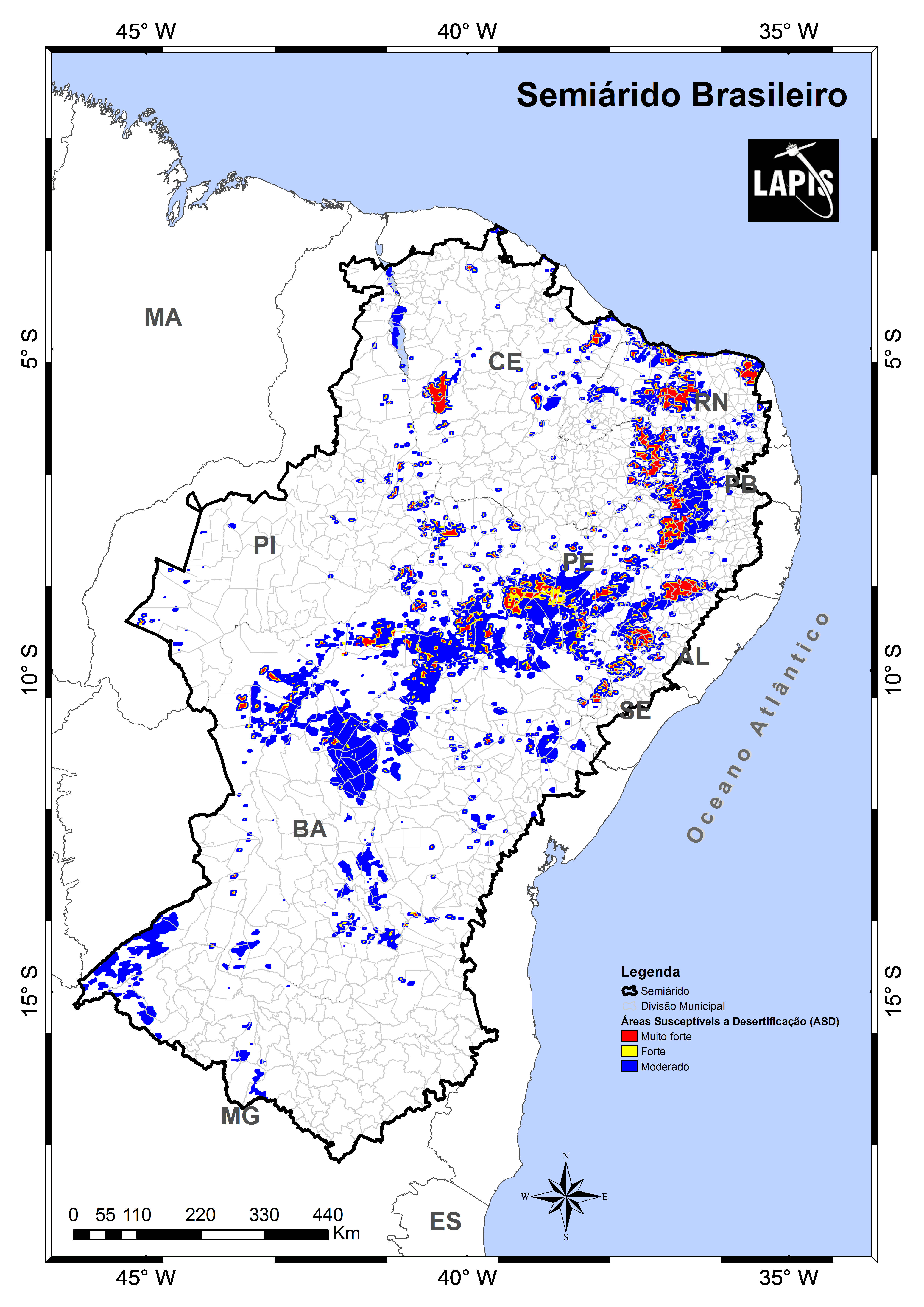 Mapa da desertificação no Semiárido brasileiro. Fonte: Lapis.