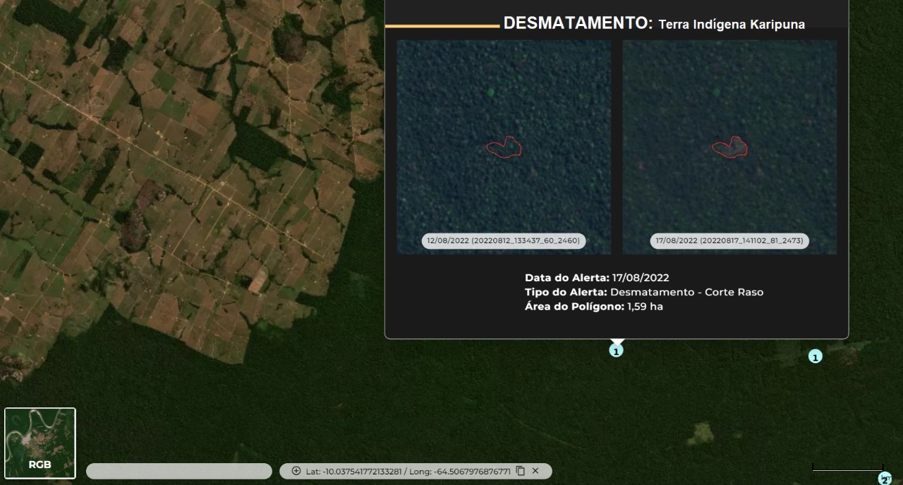 Alerta de desmatamento do sistema PlanetScope na TI Karipuna.