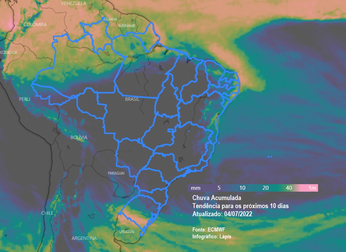 Previsão de chuva para os próximos dez dias.