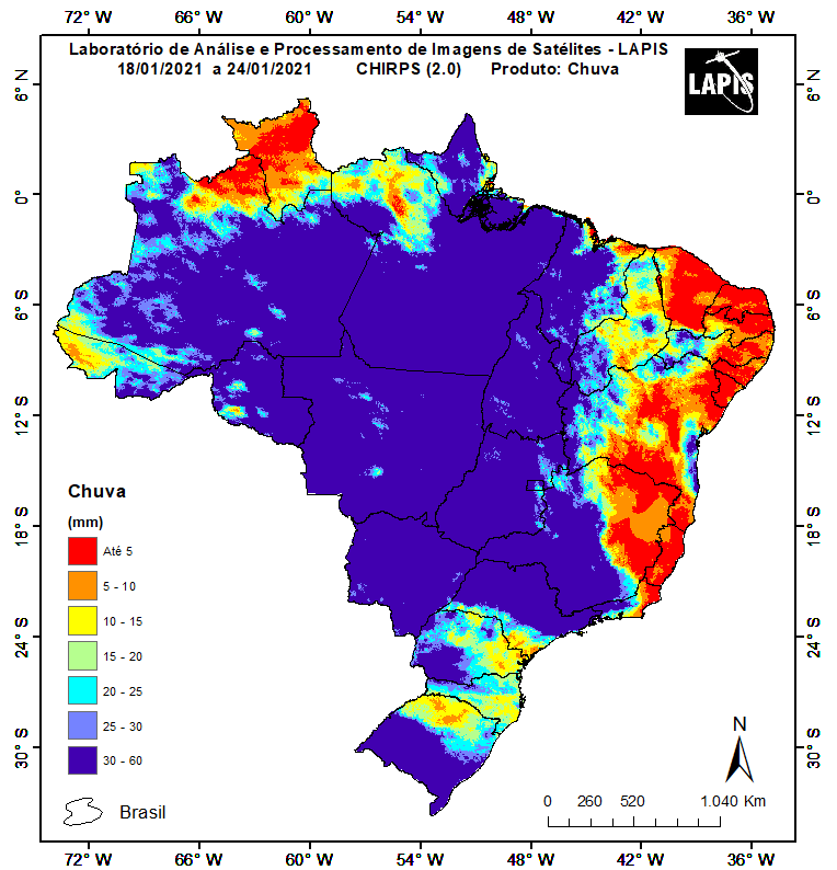 Mapa semanal do volume de precipitação no Brasil. Fonte: Lapis.