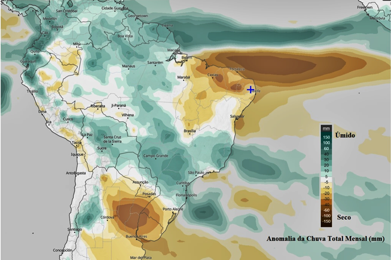 Previsão climática para março de 2021. Fonte: ECMWF. Elaboração: Lapis. 