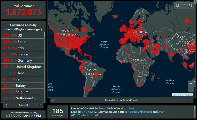 Mapa global da disseminação do coronavírus, em 13 de abril de 2020. Fonte: Johns Hopkins. 