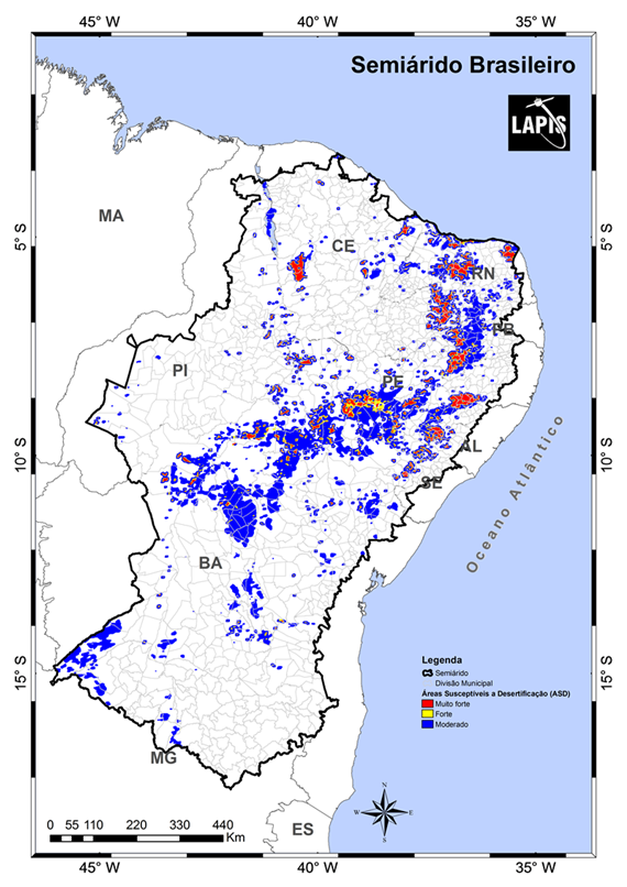Áreas desertificadas no Semiárido brasileiro. Fonte: Lapis.