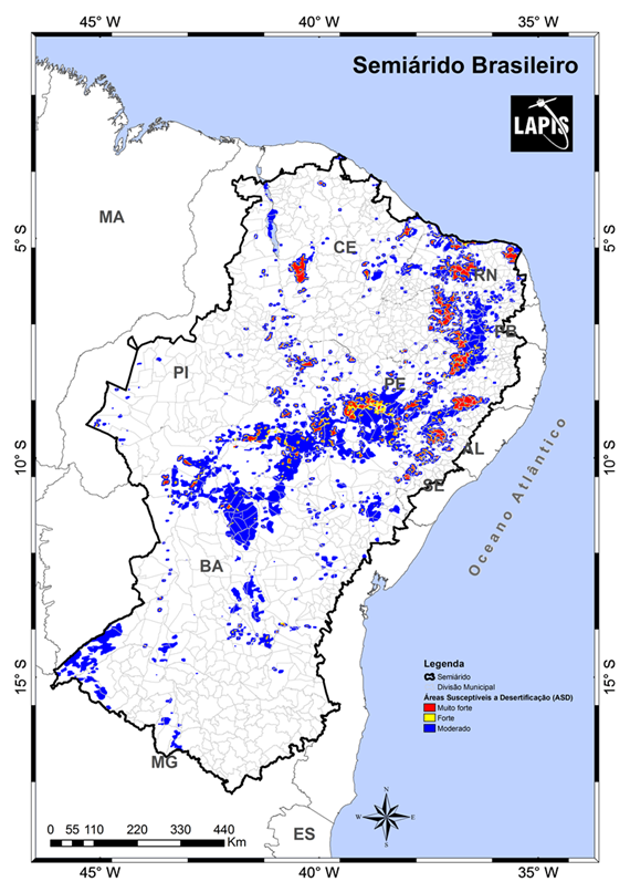 Mapa da desertificação no Semiárido. Fonte: Lapis. 