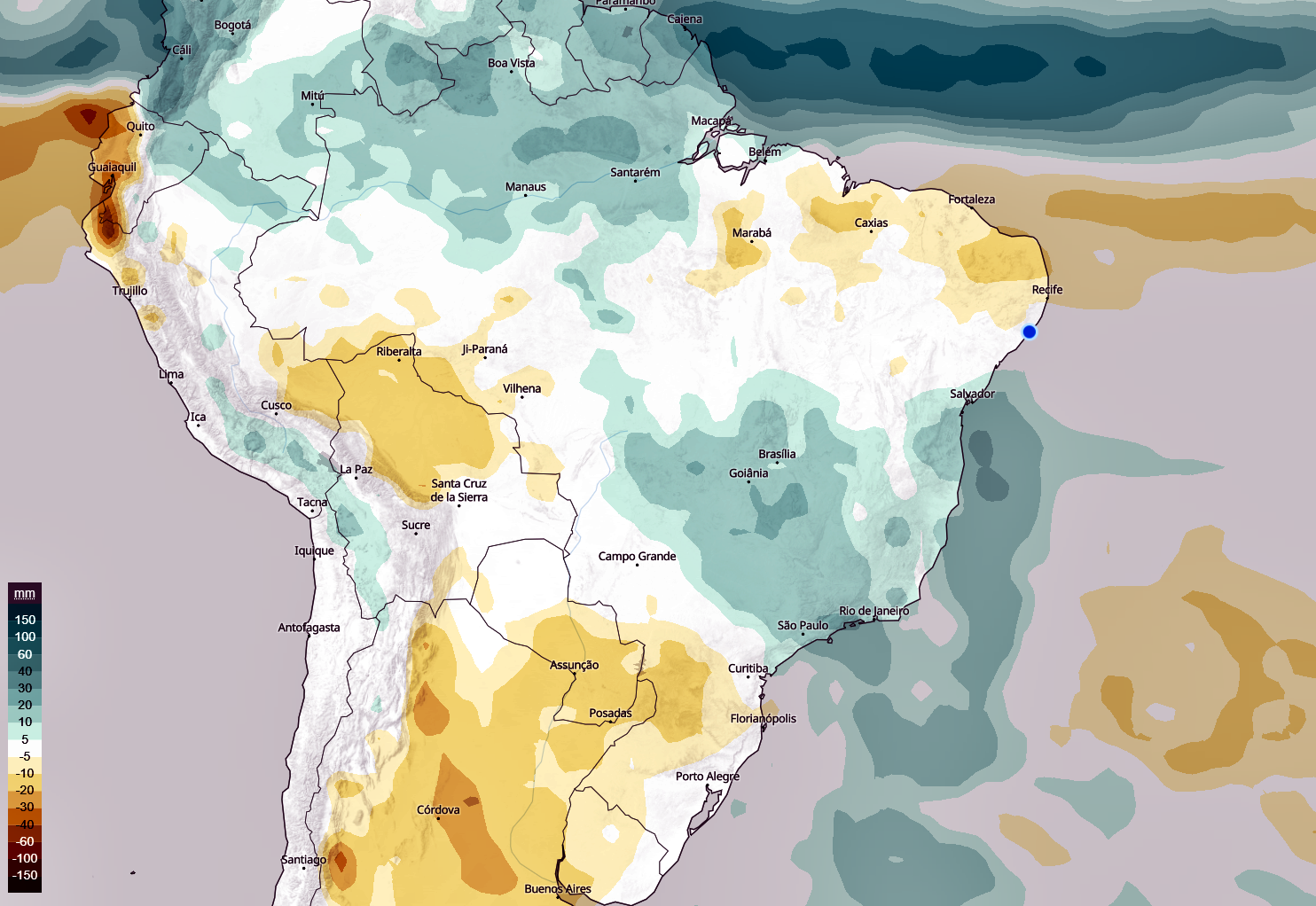 Previsão climática para fevereiro. Fonte: ECMWF. Elaboração: Lapis.