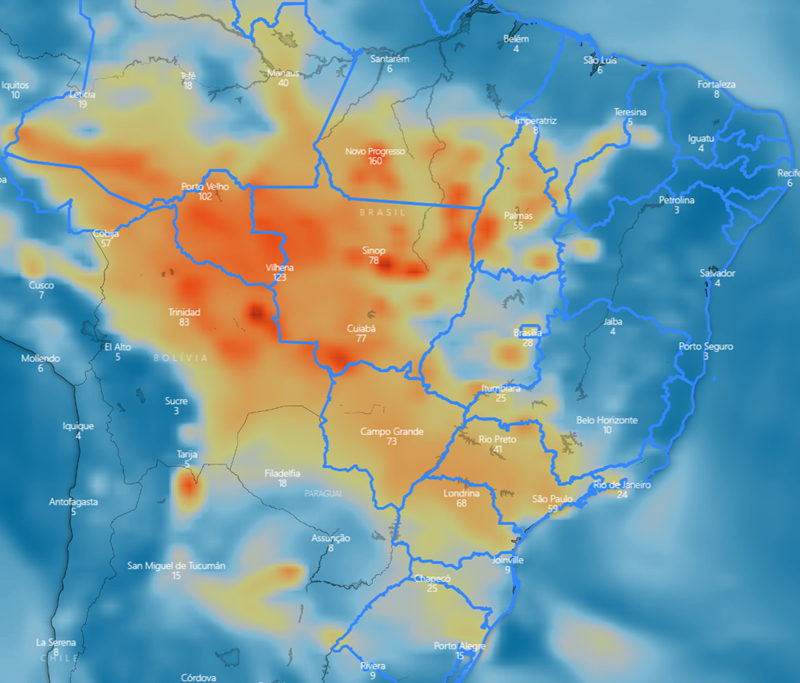 Fumaça das queimadas espalhada pelas regiões, em 18 de setembro. Elaboração: Lapis.