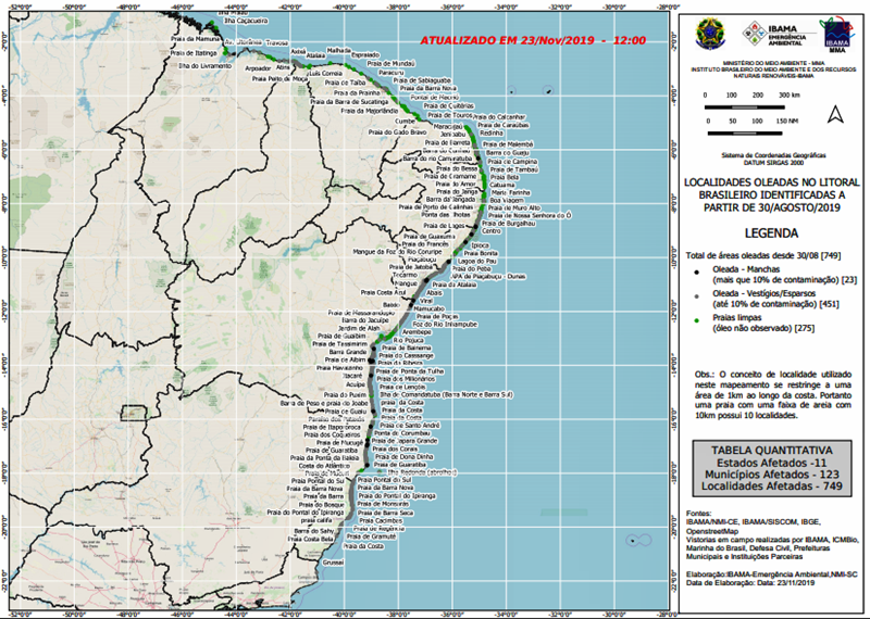 Já são 749 locais afetados pelo óleo, no Nordeste e em estados do Sudeste