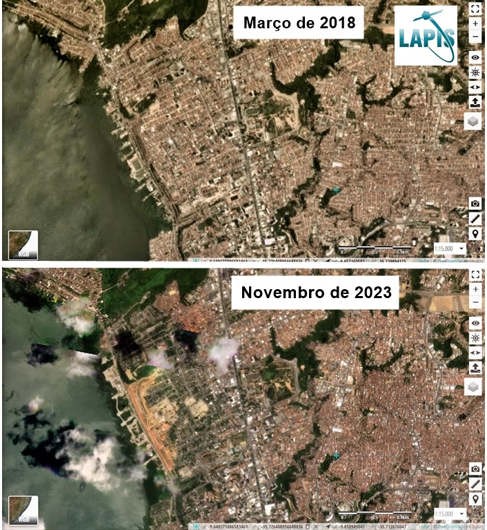 Imagens de satélite mostram antes e depois da área onde mina da Braskem desabou