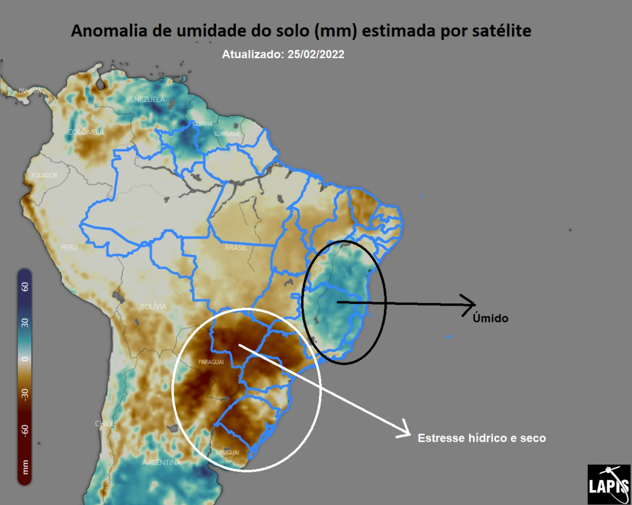 Mapa da umidade do solo, processado no QGIS. 