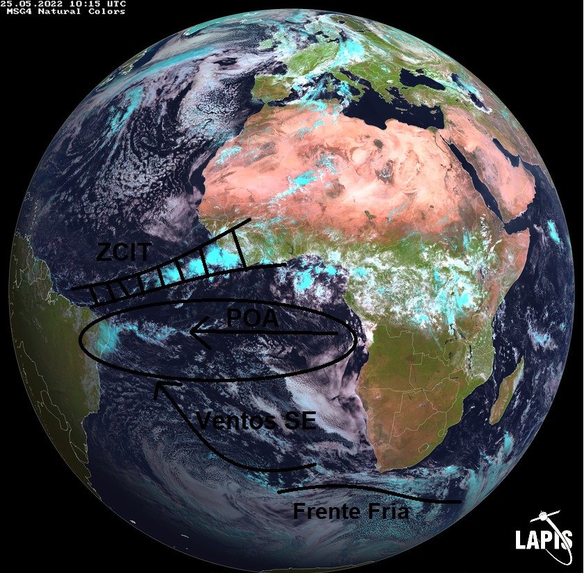 Imagem do satélite Meteosat-11 mostra fenômenos atuando no Nordeste.