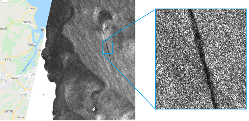 Imagem do satélite SAR Sentinel 1A, de uma mancha de óleo no Litoral do Nordeste, registrada em 24 de julho. Fonte: Lapis. 