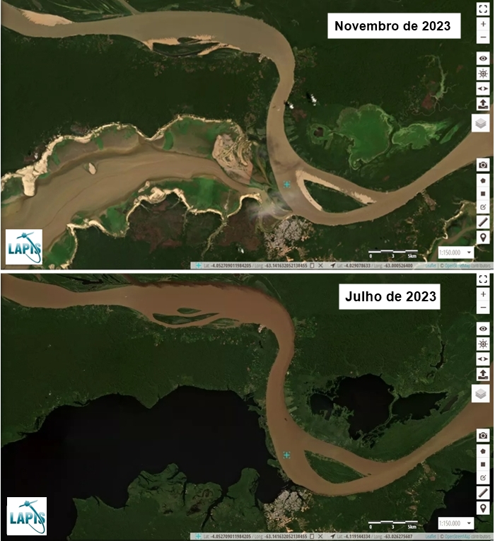 Imagem do Planet mostra cheias no rio Tefé, em julho de 2023. Fonte: Brasil Mais_QGIS