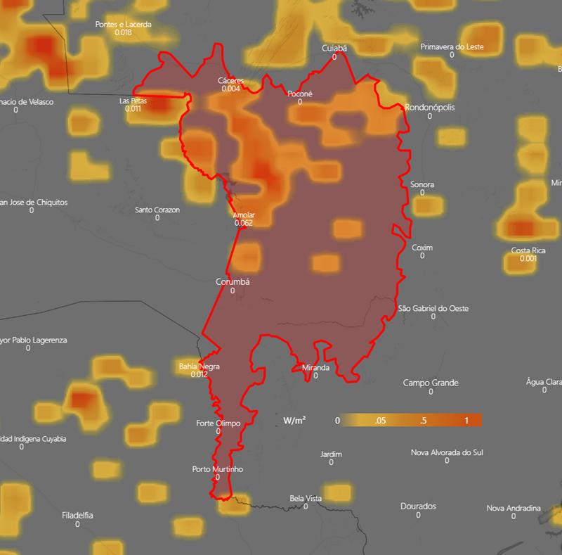 Intensidade dos focos de calor, no Pantanal brasileiro. Fonte: Copernicus. Elaboração: Lapis.