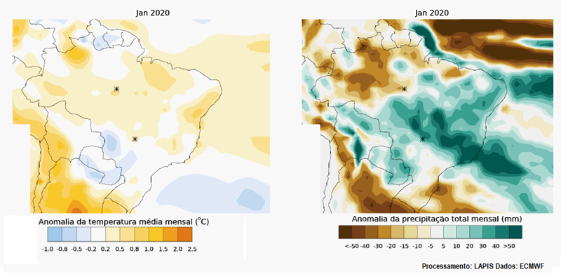 Previsão climática para janeiro de 2020. Fonte: Lapis. Dados: ECMWF.