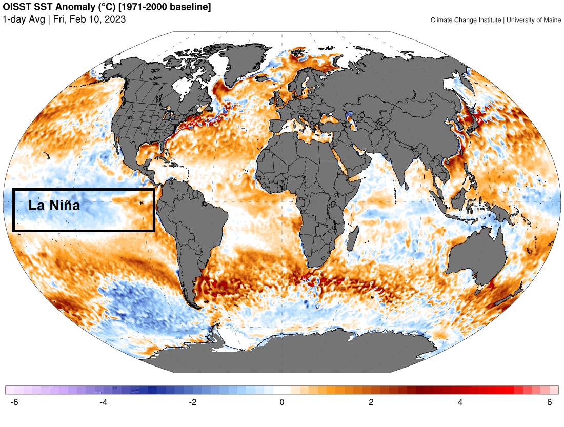 Mapa de monitoramento da temperatura dos oceanos. Elaboração: Lapis.