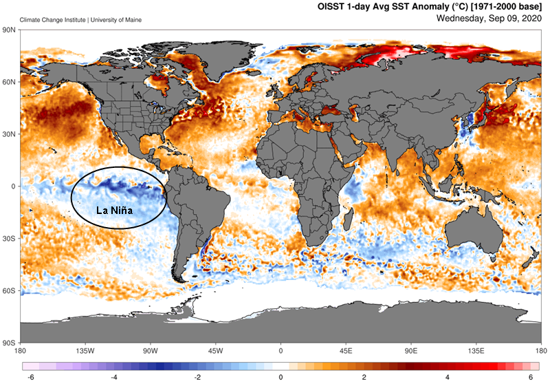 La Niña presente no Pacífico equatorial, em setembro de 2020.