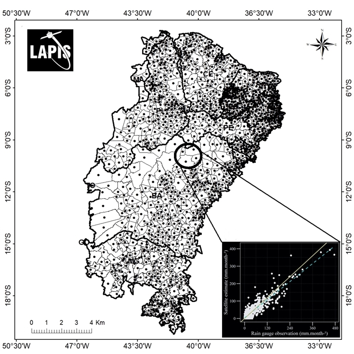 Localização das estações pluviométricas na região semiárida brasileira e dispersão