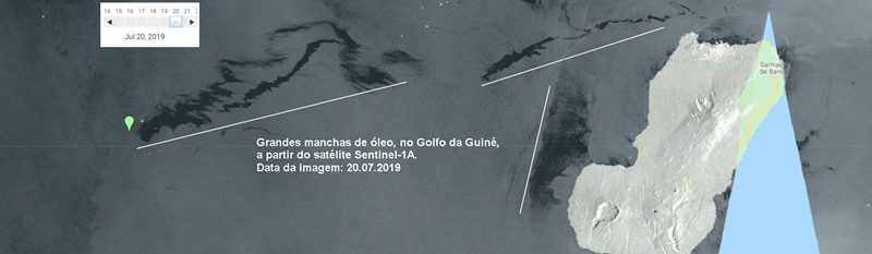 Grandes manchas de óleo, no Golfo da Guiné, no dia 20 de julho de 2019. Fonte: Lapis.