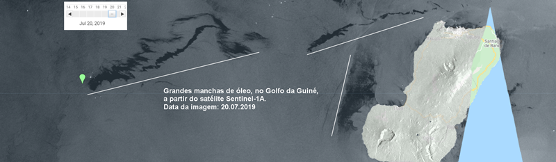 Imagem de satélite de manchas de óleo, no Golfo da Guiné. Fonte: Lapis.
