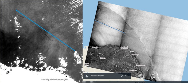 Mancha de óleo detectada pelos satélites Aqua-Modis e Sentinel.