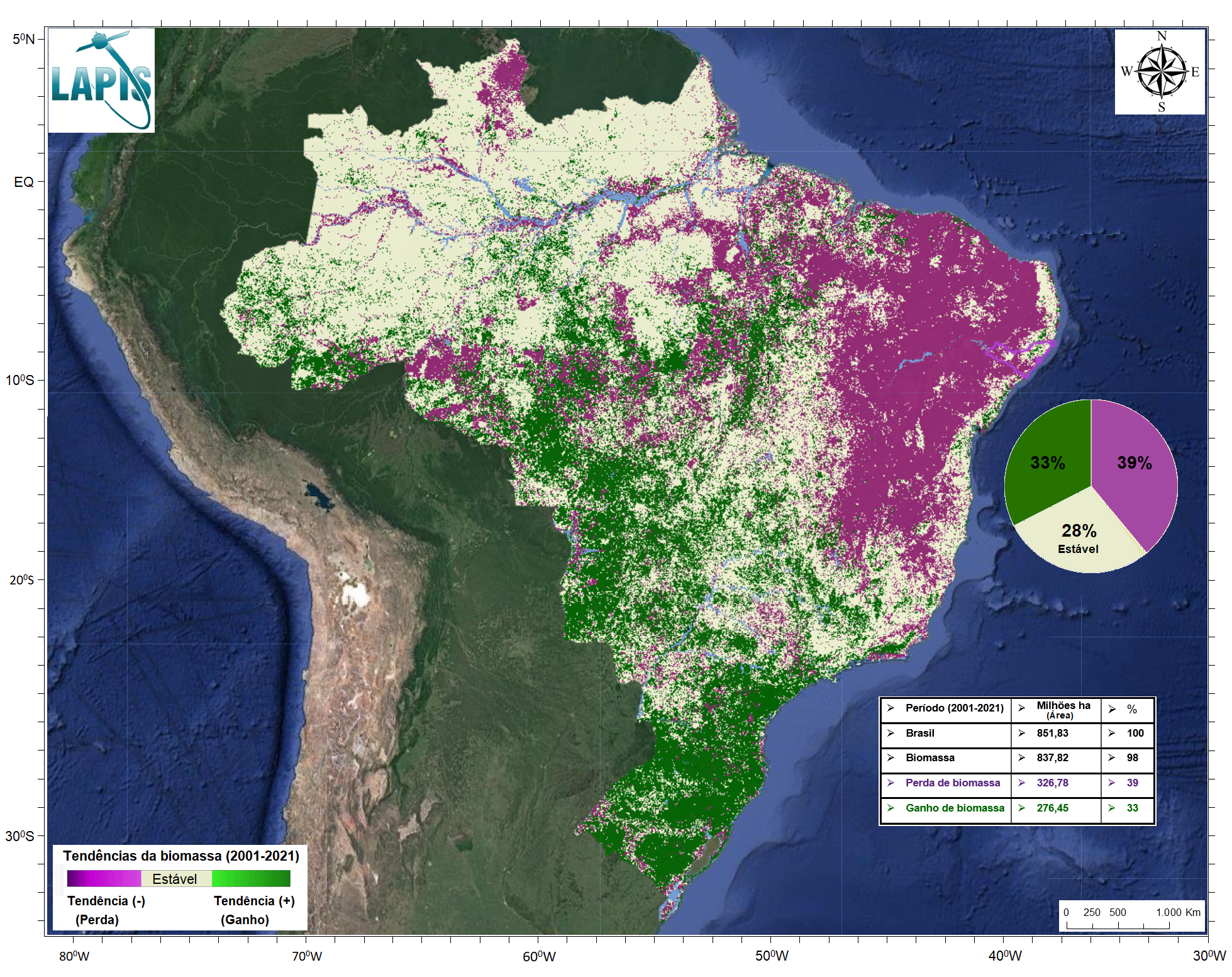 Mapa das áreas degradadas ou com ganho de biomassa agrícola (2001-2021), processado no QGIS