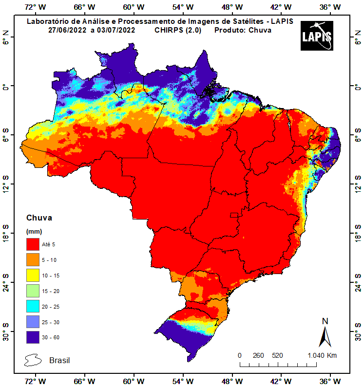 Mapa da chuva, processado no software QGIS.