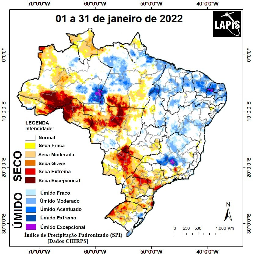 Mapa da intensidade da seca, processado no QGIS.