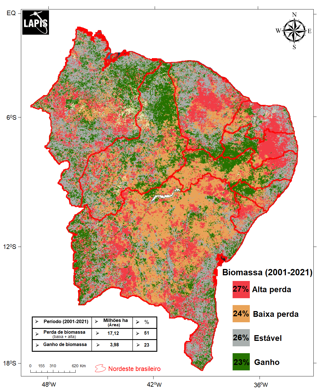 Mapa da degradação da vegetação no Nordeste brasileiro, processado no QGIS