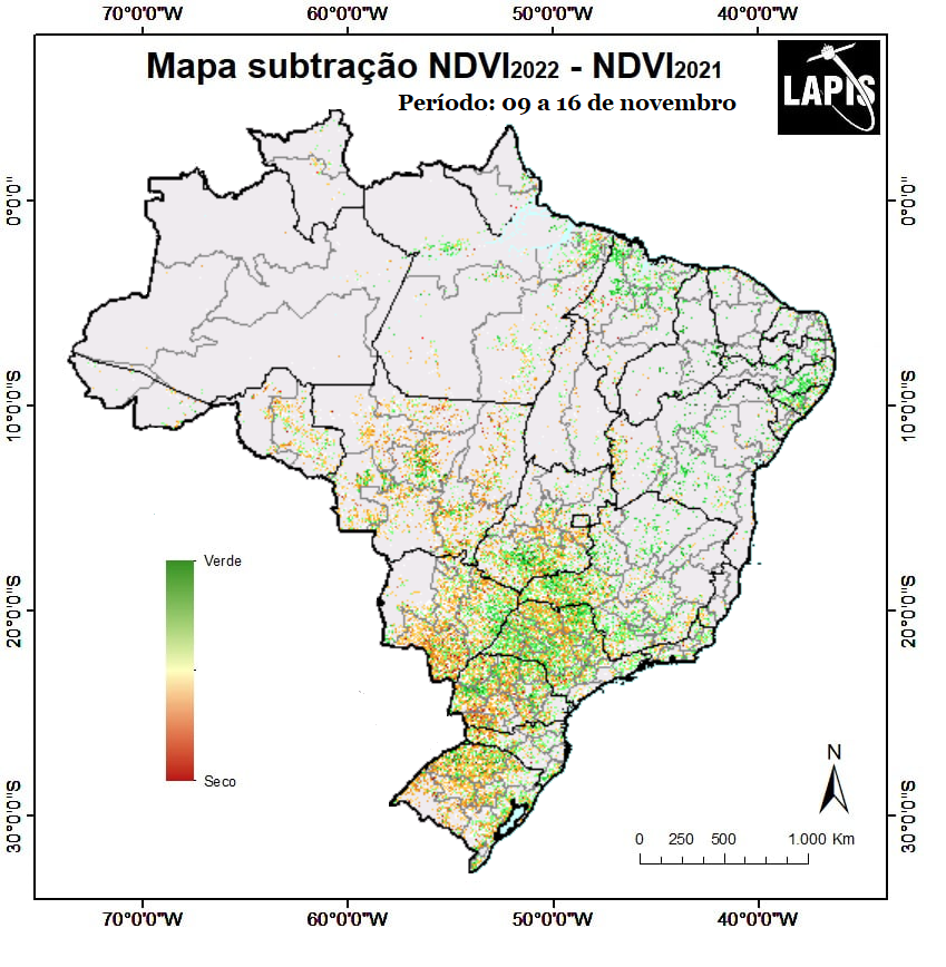 Mapa da diferença de NDVI, processado no QGIS