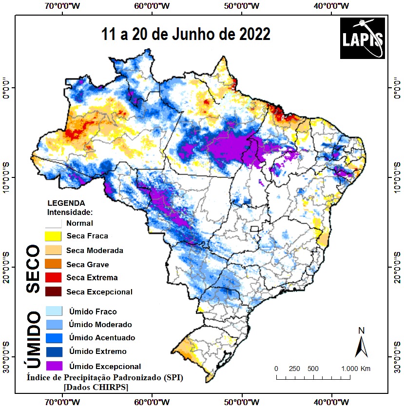 Mapa da intensidade da seca, processado no QGIS. 