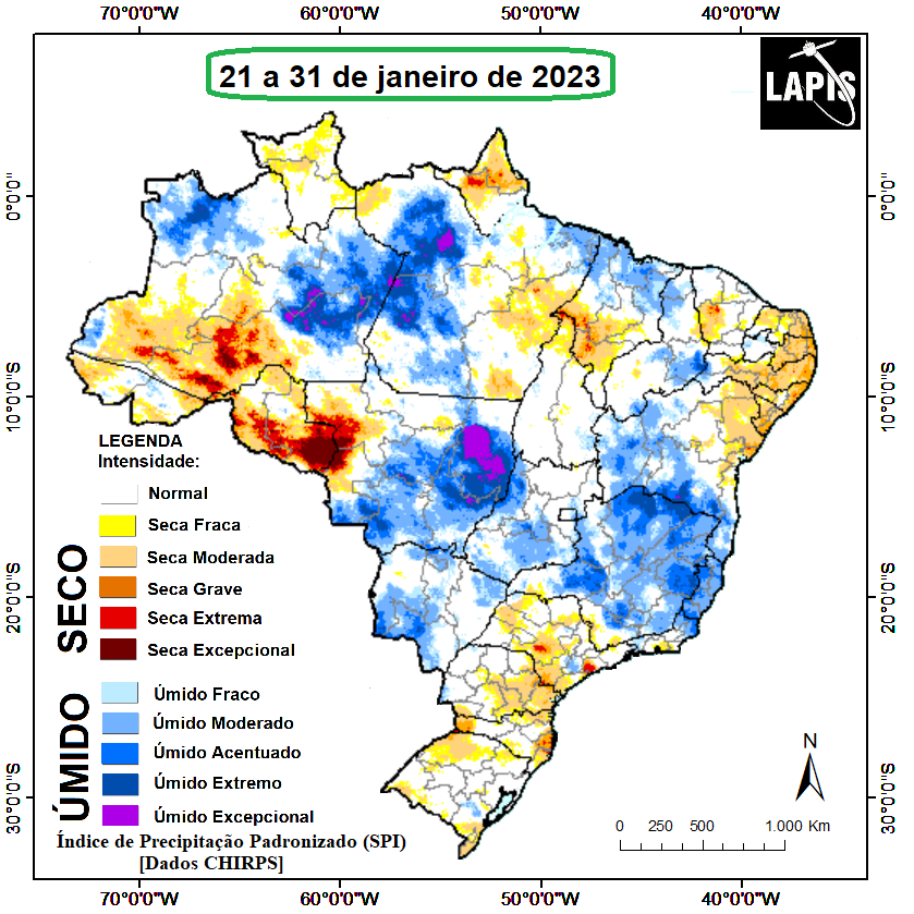 Mapa da intensidade da seca, processado no QGIS.