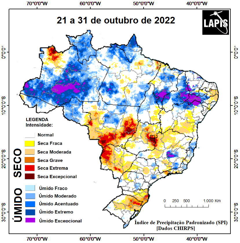 Mapa da intensidade da seca, processado no QGIS.