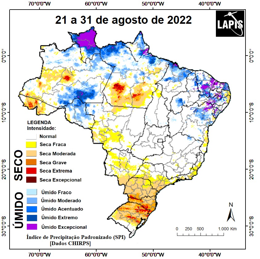 Mapa ou imagem de satélite da intensidade da seca processado no QGIS