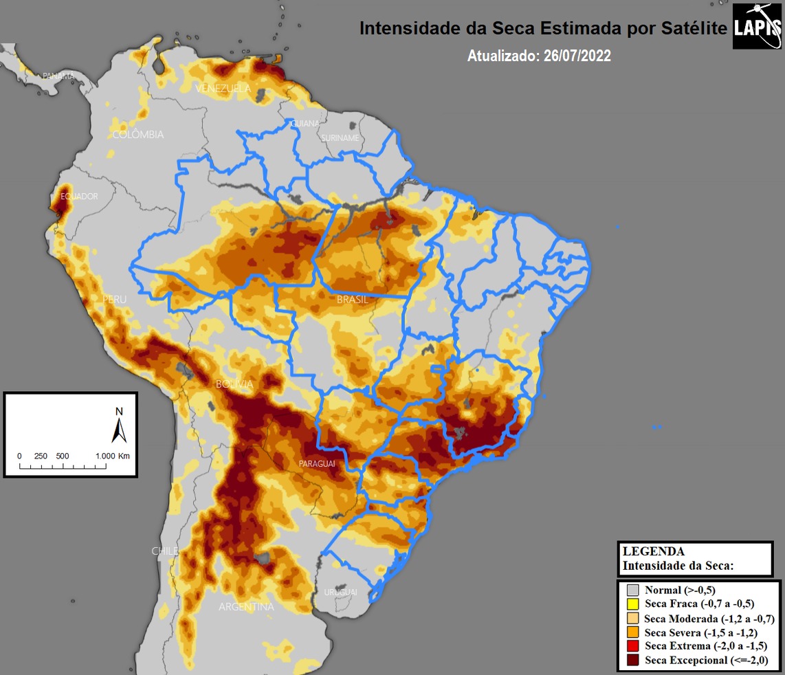 Mapa da intensidade da seca no Brasil, processado no QGIS.