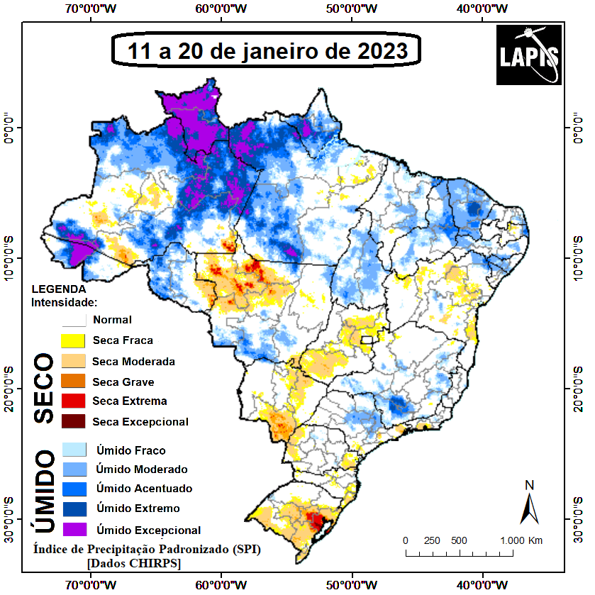 Mapa da intensidade da seca, processado no QGIS.