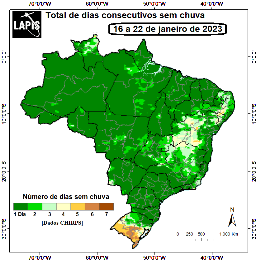 Mapa do número de dias sem chuva, processado no QGIS