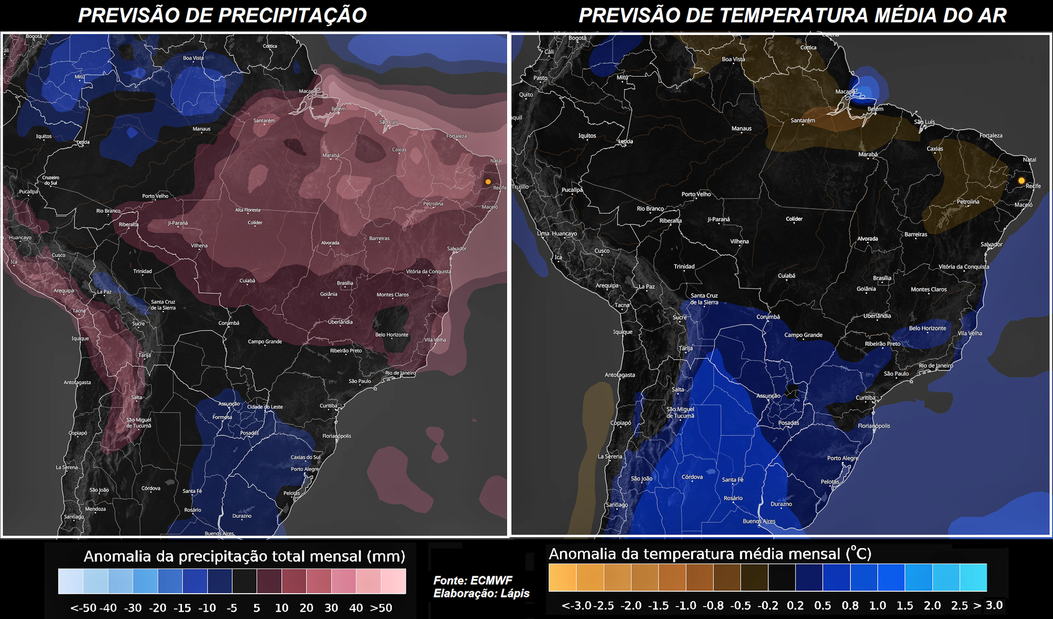 Mapa da previsão climática La Niña para o mês de março