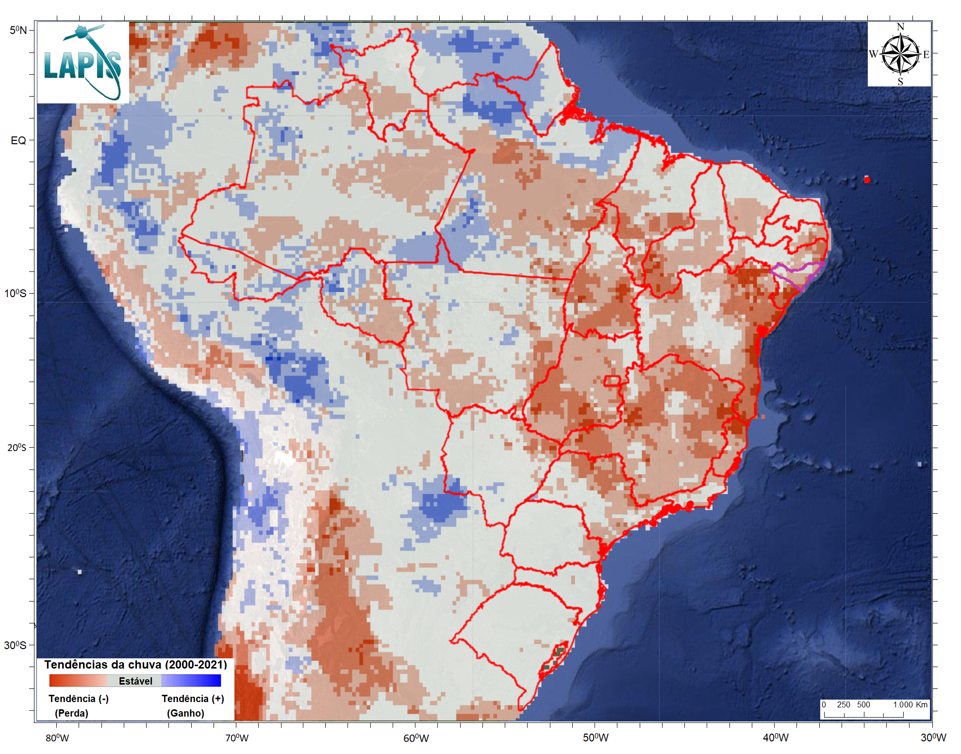 Mapa dos extremos de chuva e de seca no período 2000-2021, processado no QGIS