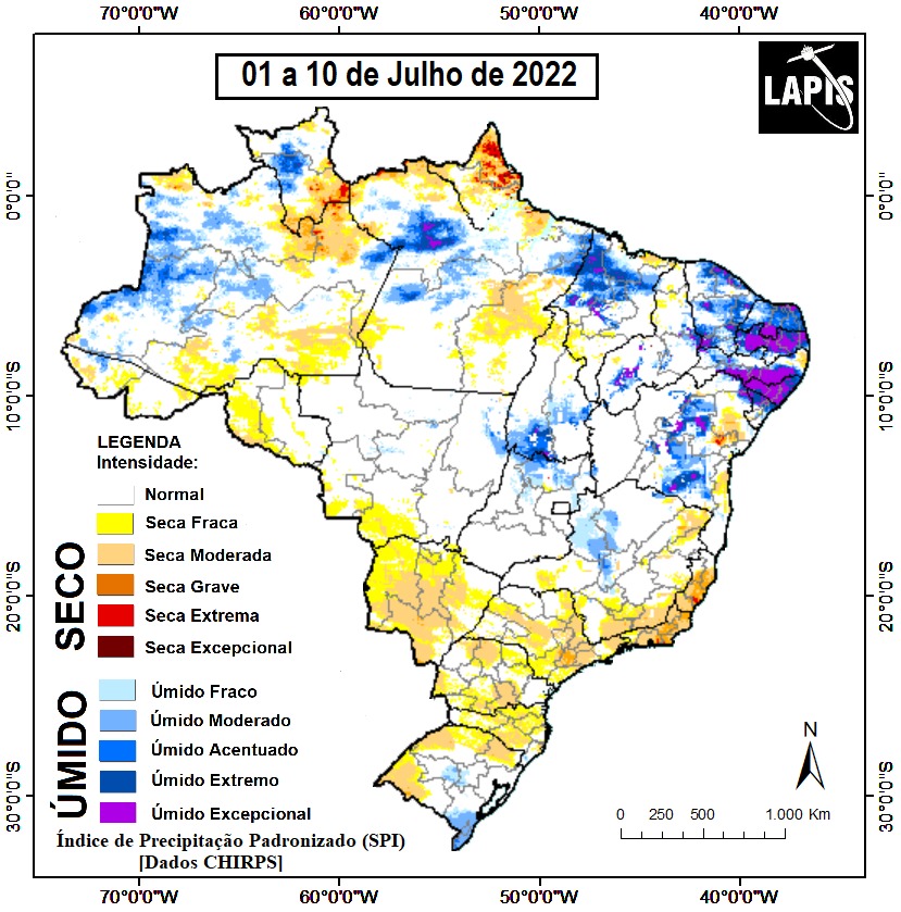 Mapa da intensidade da seca, processado no QGIS. 