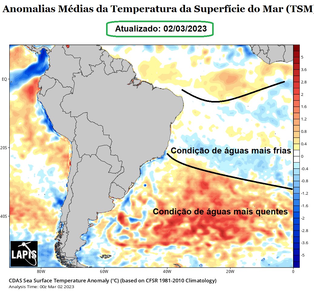 Mapa da temperatura do Atlântico Sul processado no QGIS