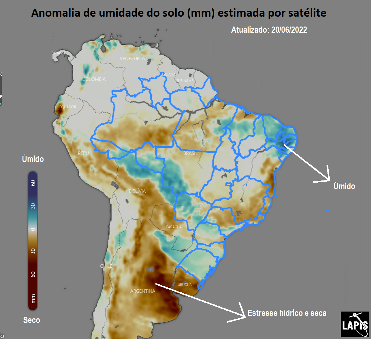 Mapa da umidade do solo, processado no QGIS. 