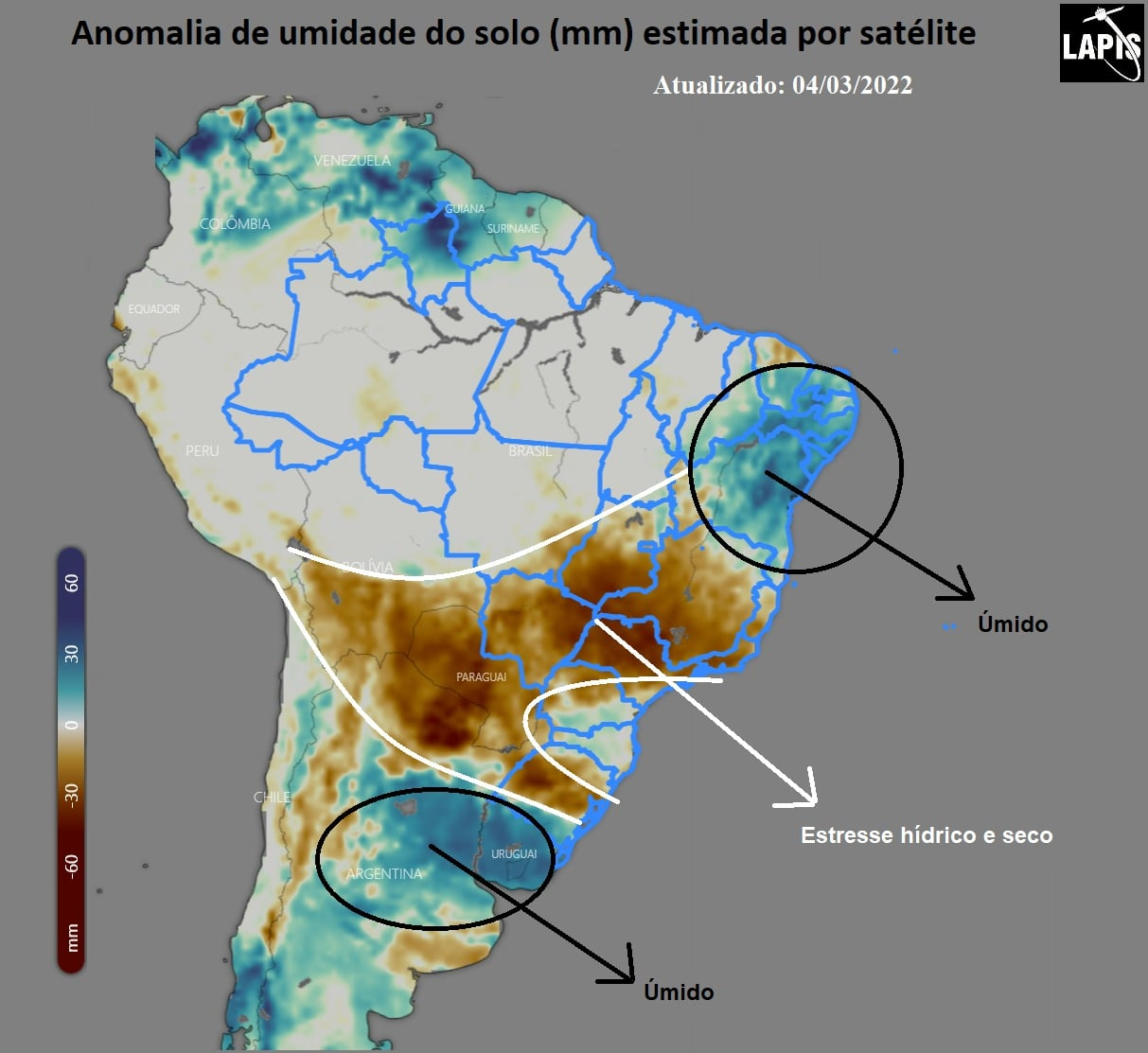 Mapa da umidade do solo, atualizado em 04 de março. Elaborado no QGIS