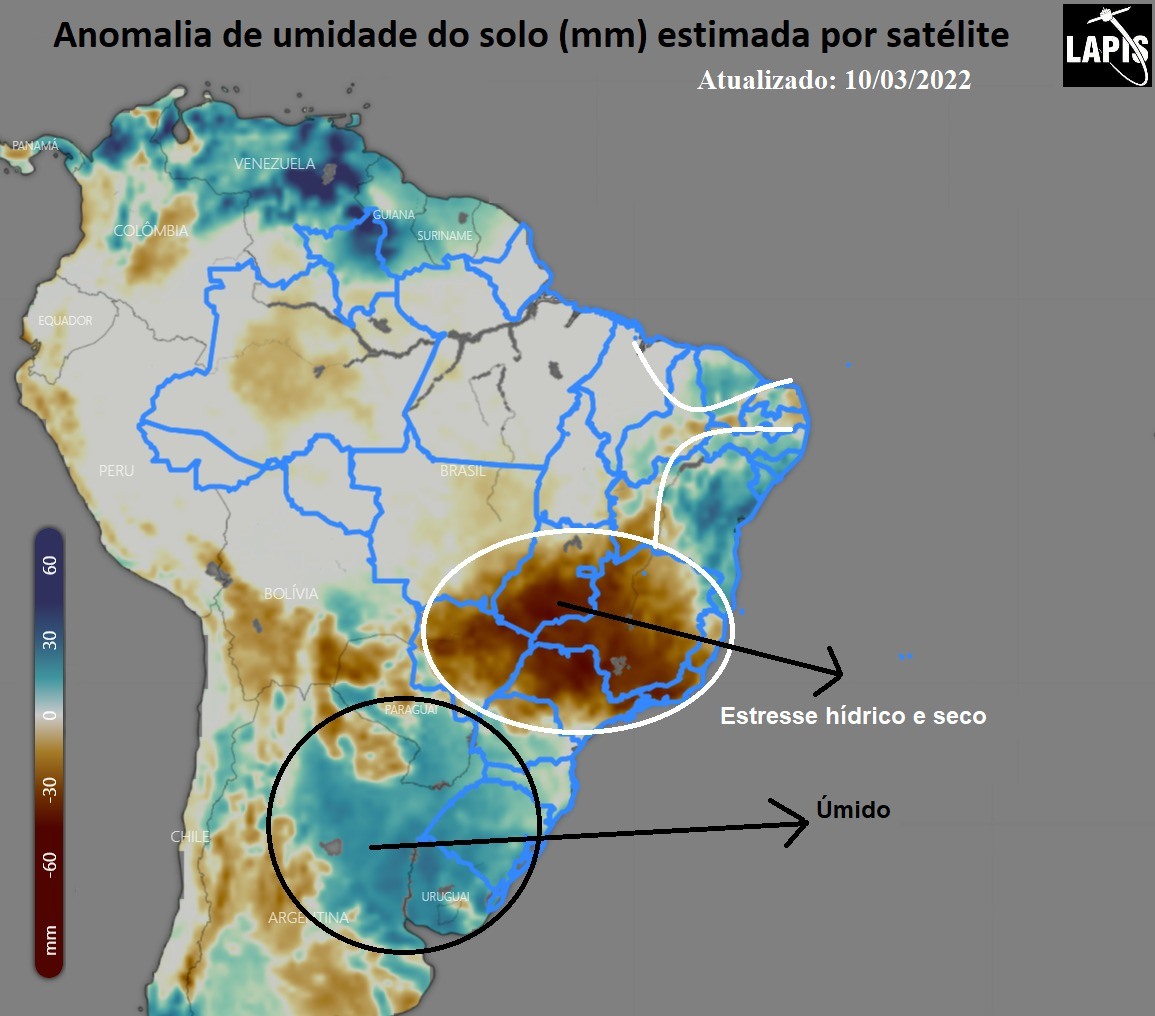 Mapa da umidade do solo, atualizado em 10 de março. Elaborado no QGIS.