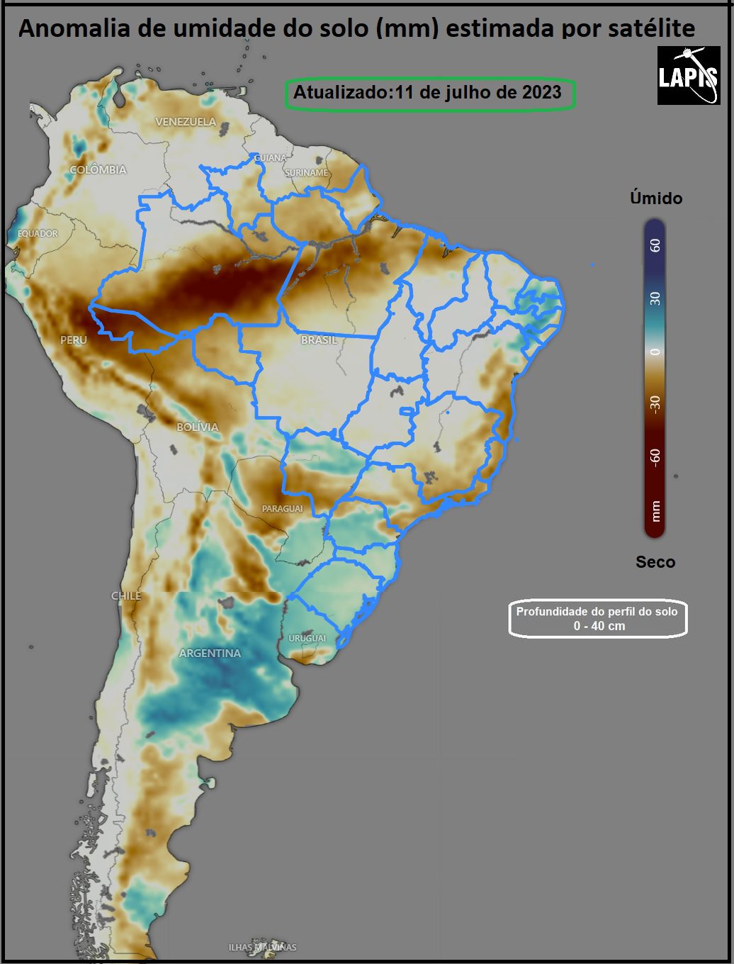 Mapa da umidade do solo, processado no QGIS, com dados de satélites
