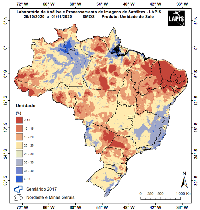 Imagem do satélite europeu SMOS estima umidade do solo e seca no Brasil