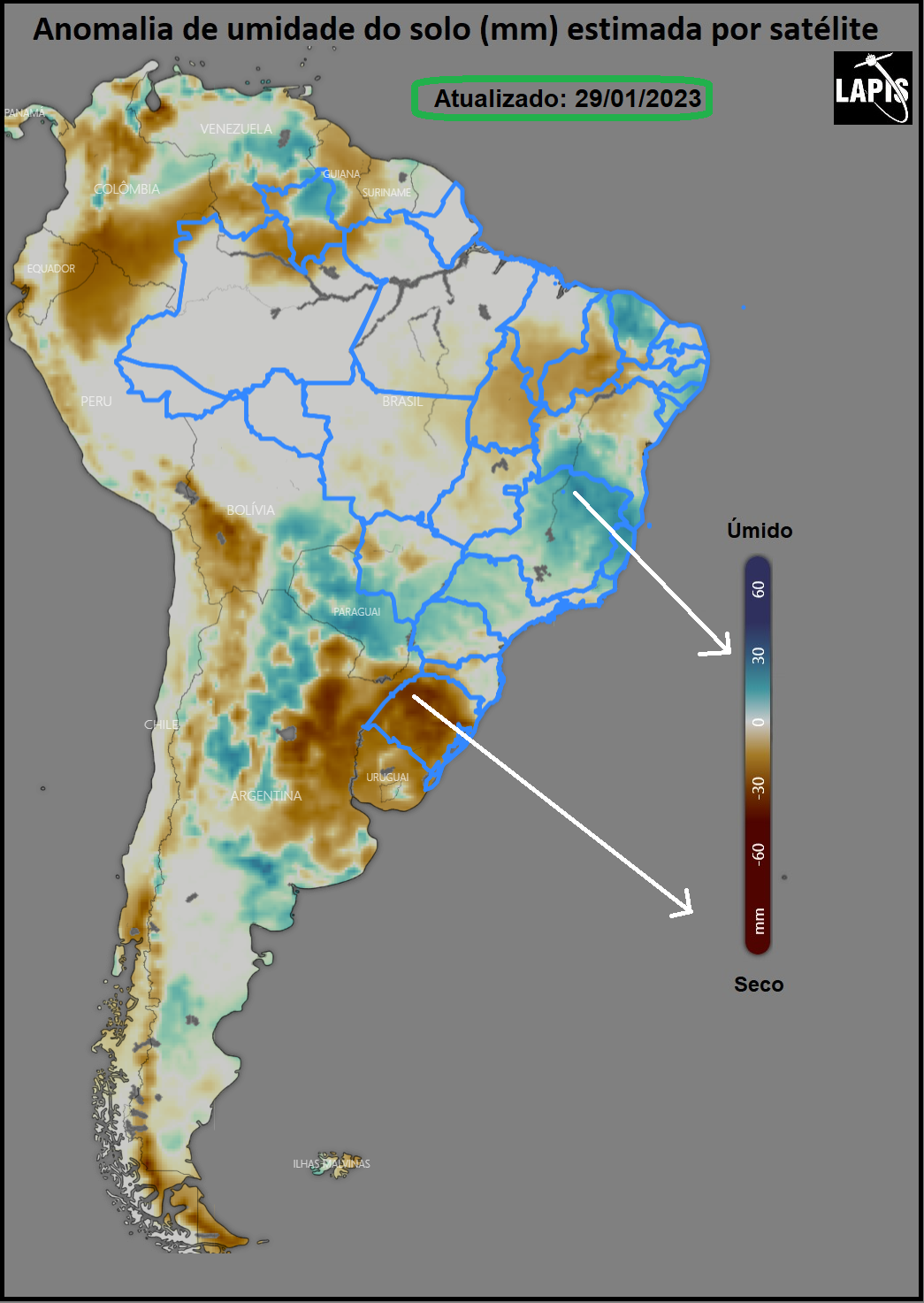 Mapa da umidade do solo, processado no QGIS.